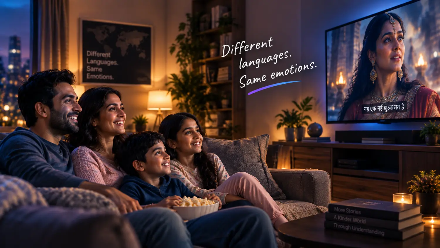 A family watching a film together at home, the dialogue subtitled in Hindi.